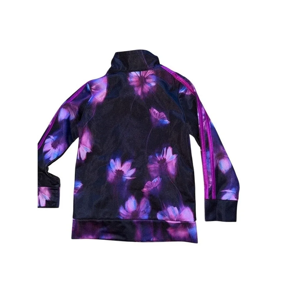 Adidas Girls Track Jacket Size 4 Purple Floral Full Zip 3-Stripe activewear cozy